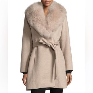 Sofia Cashmere Fox Fur-trimmed Wool Wrap Coat in Stone